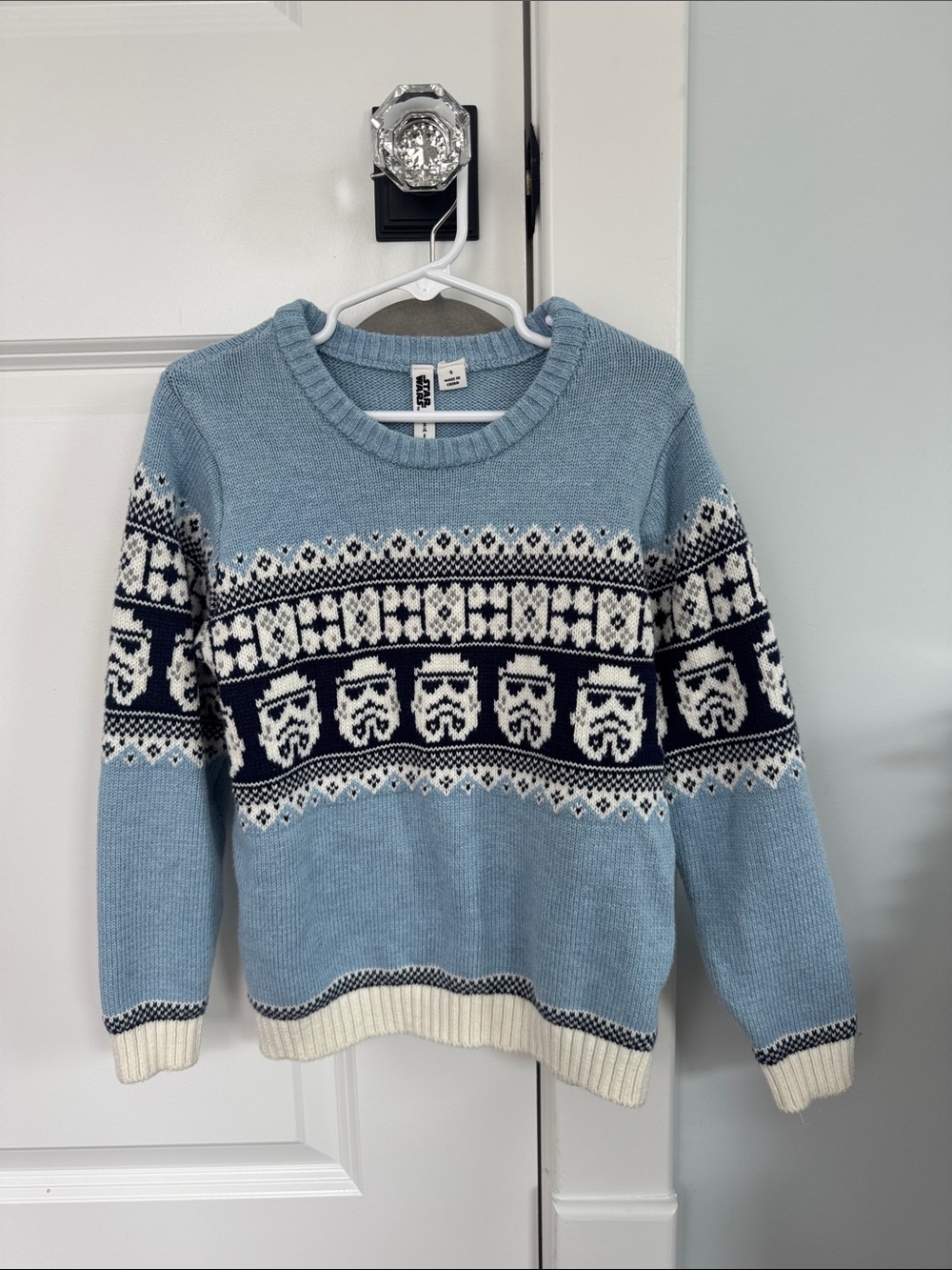 Janie and Jack Sky Blue Sweater with Navy and Cream Fair Isle Stormtrooper Motif